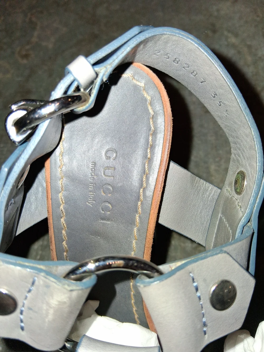 Gucci Gray Strappy Platform Sandals with Teal-Wash Wood Heel